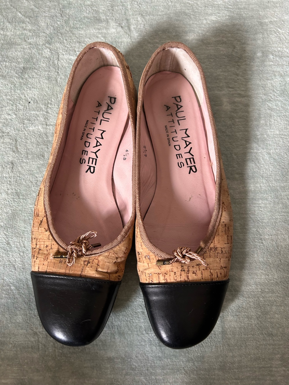 Paul Mayer Attitudes Cork Cap Toe Bow Ballet Flats Beige Black Women's US 6.5 B